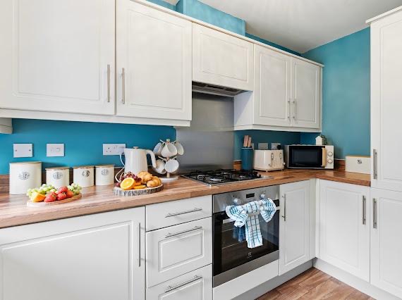 Kitchen styled with teal feature wall and fresh produce